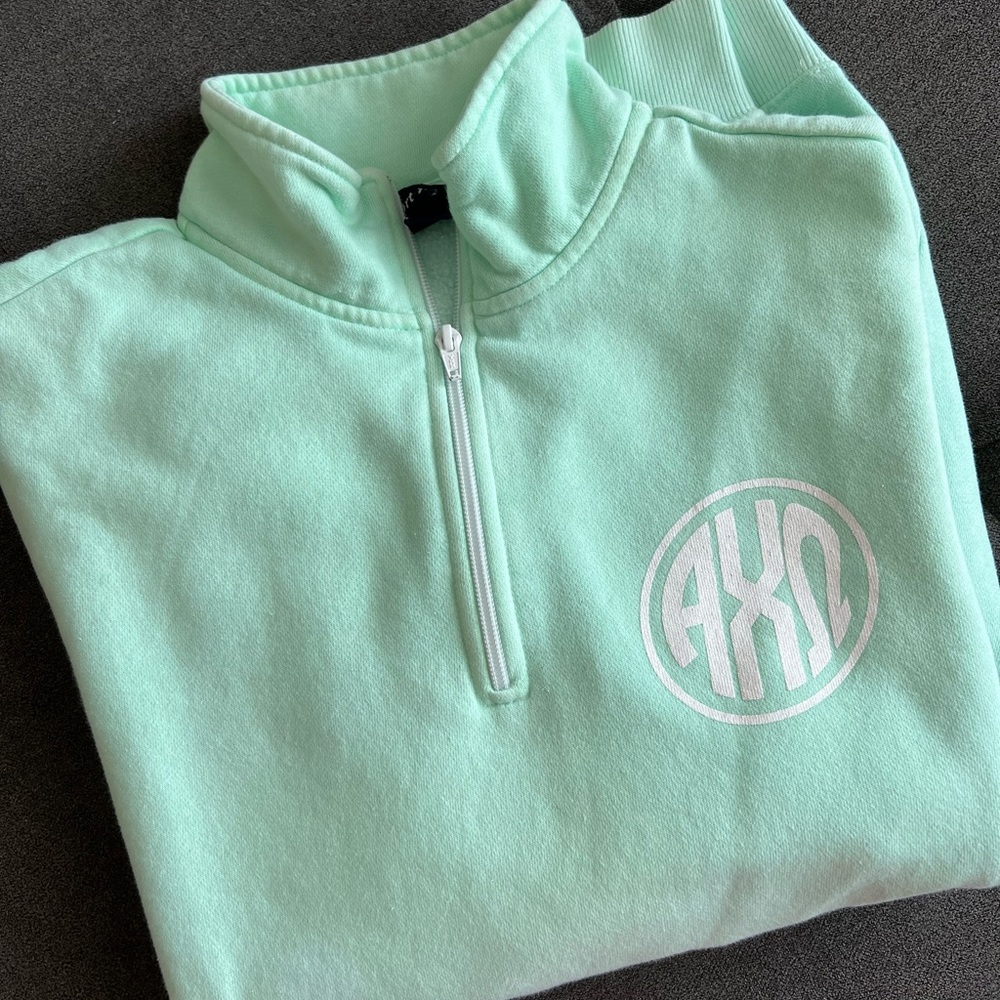 Mint Alpha Chi Omega quarter zip hoodie!